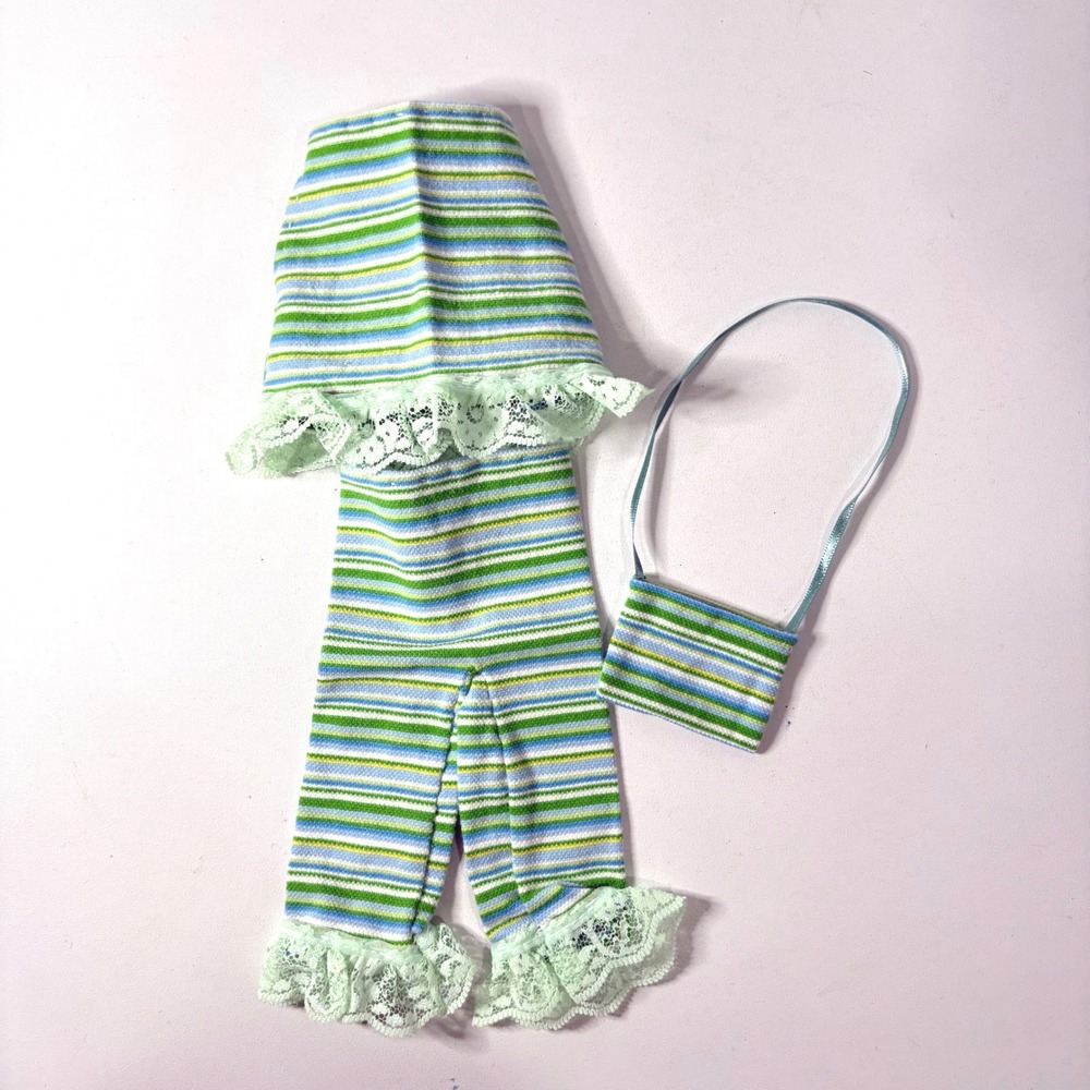 Handmade 14 in Doll Clothes Set Striped Skirt Pants Purse Green Blue 3pc Outfit